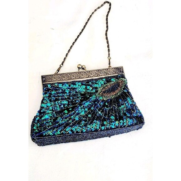 Vintage Women Evening Clutch Bag Handmade Beaded Peacock Wedding Party Handbag - Picture 3 of 6